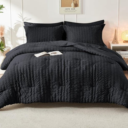 HYMOKEGE Black Twin Comforter Set Seersucker 5 Pieces, All Season Luxury Bed in a Bag for Bedroom, Bedding Set with Comforters, Sheets, Pillowcase & Sham