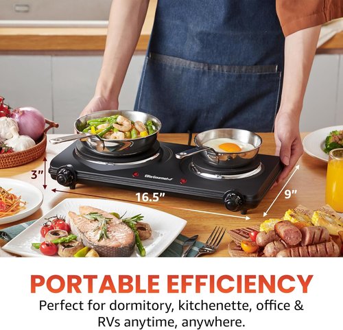 Elite Gourmet Countertop Double Cast Iron Burner - 1500 Watts Electric Hot Plate with Temperature Controls & Power Indicator Lights - Easy to Clean, Black (Pack of 3)