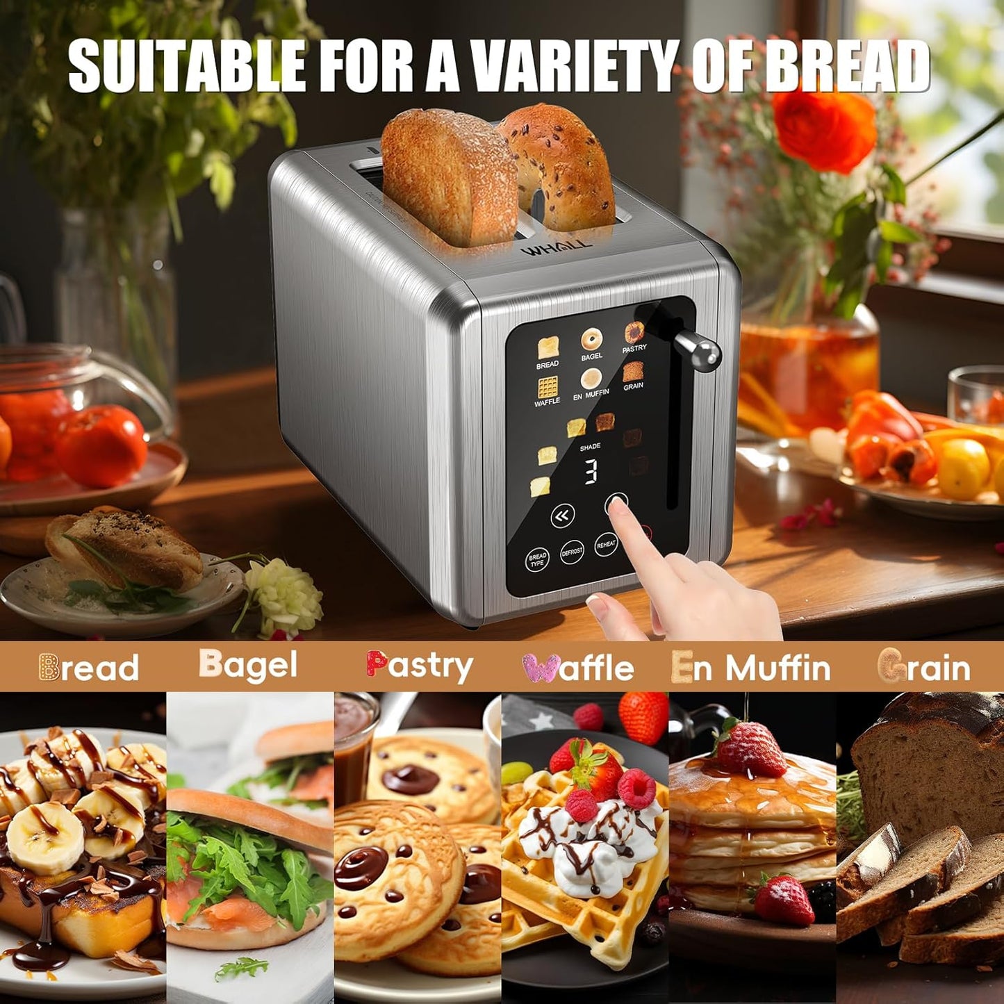 WHALL® Touch Screen Toaster - 2 Slice Stainless Steel with Digital Timer, 6 Bread Types & Shade Settings