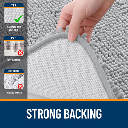 OLANLY Bathroom Runner Rugs - Soft Absorbent Chenille with Rubber Backing | 47x17 Inches, Light Grey