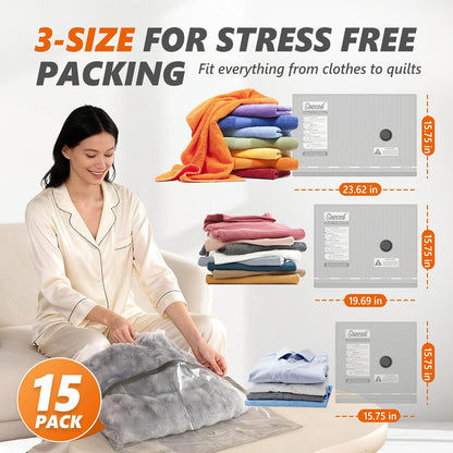 Vacuum Storage Bags by [Brand Name] - 15 Pack with Electric Pump | Tear-Resistant & Space-Saving for Travel