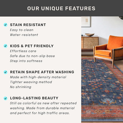 Skiennix Large 3x5 Kitchen Rug - Non-Slip, Machine Washable, Stain Resistant | Tribal Farmhouse Décor (Navy Blue)