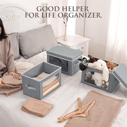 Homsorout Collapsible Storage Bins - 4 Pack Fabric Organizers with Lids & Windows | Grey Closet Cubes