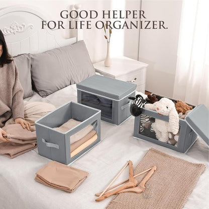 Homsorout Collapsible Storage Bins - 4 Pack Fabric Organizers with Lids & Windows | Grey Closet Cubes
