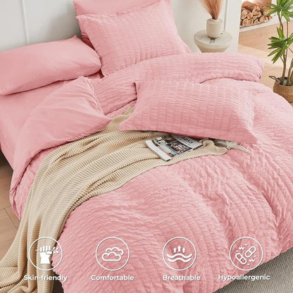 HYMOKEGE Queen Comforter Set - Luxury 7-Piece Seersucker Bedding in Rose Pink | All-Season Comfort