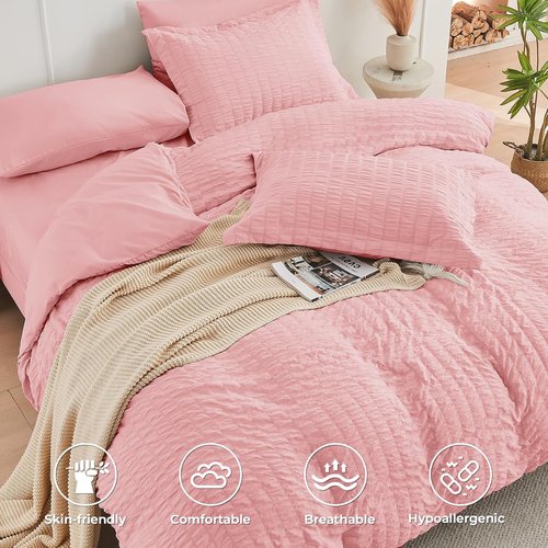 HYMOKEGE Comforter Set - Luxury Rose Pink 7-Piece Bedding Set for All Seasons | Full Size with Sheets & Pillowcases