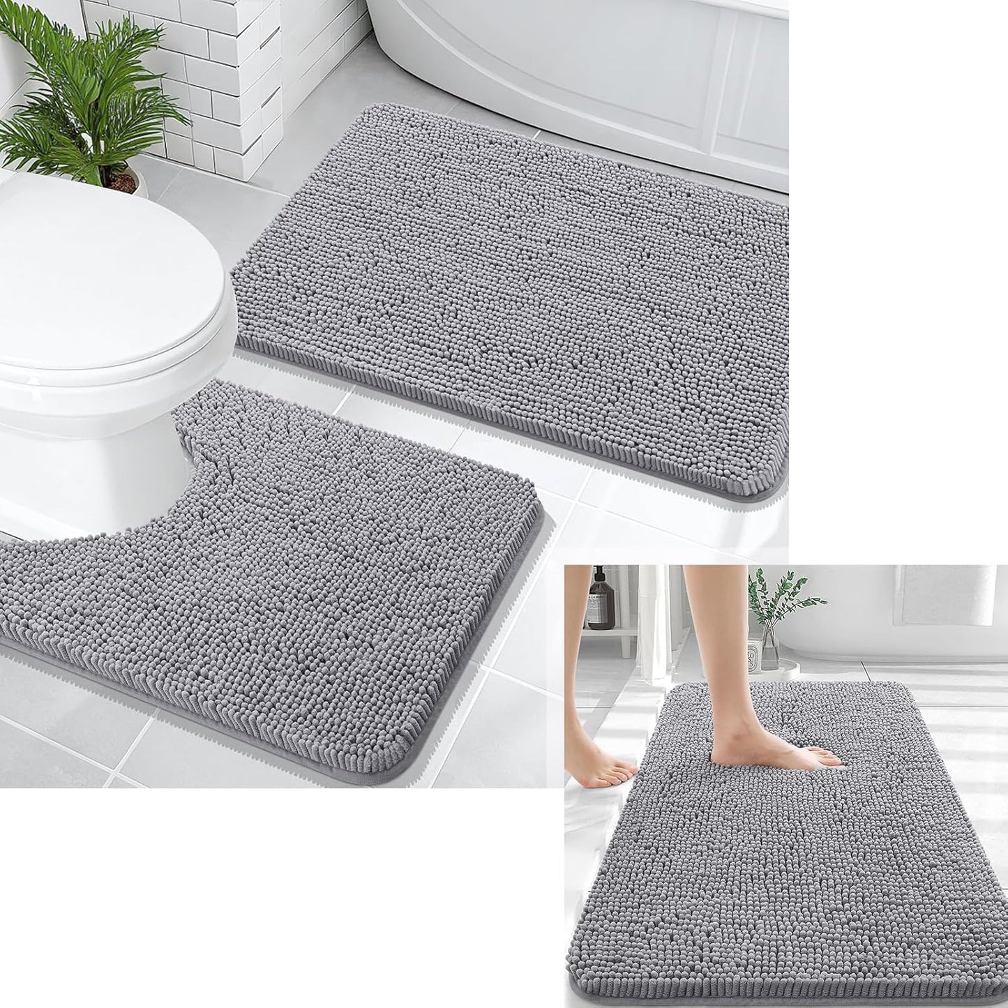 OLANLY Chenille Bath Rug Set - U-Shaped Toilet Rugs & Bath Mat | Grey, 3-Piece Bundle (30x20 & 24x20)