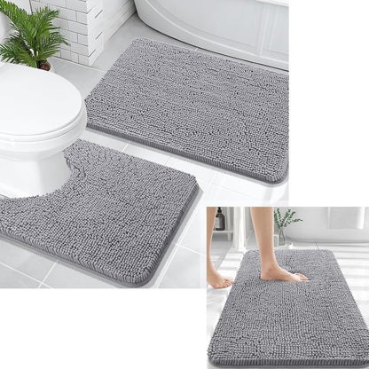 OLANLY Chenille Bath Rug Set - U-Shaped Toilet Rugs & Bath Mat | Grey, 3-Piece Bundle (30x20 & 24x20)