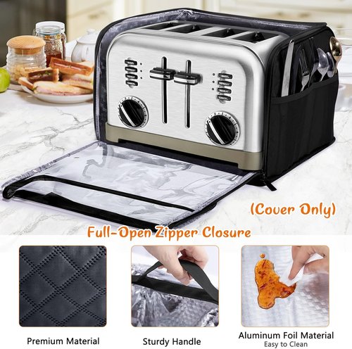 BAGSPRTIE Toaster Cover - Full Open Dust Protection for 4 Slice Wide Slot Toasters | Black