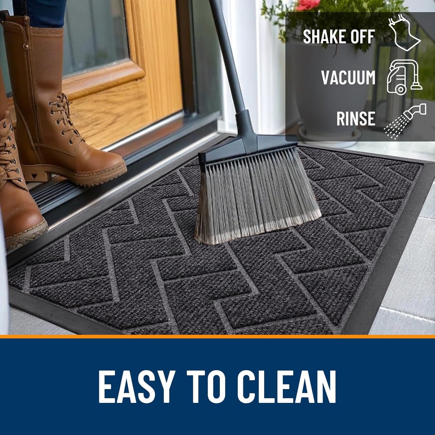OLANLY Indoor Outdoor Front Door Mat - Waterproof All-Season Herringbone Design | Easy Clean, 47x23 Inches, Grey