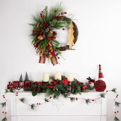 Northlight Pine Triple Candle Holder - Festive Bows & Plaid Ornaments | 30" Green Design