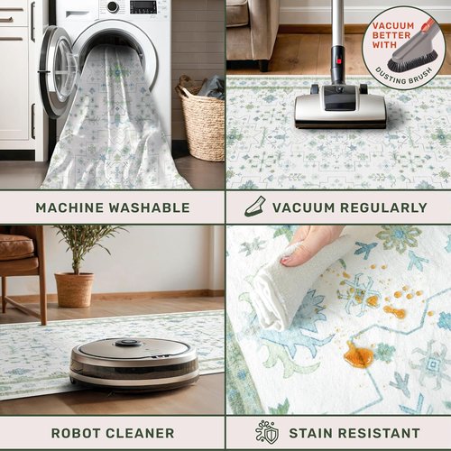 Hazo Haus Washable Area Rugs - Extra Large 10x12 Cream Blue Green Floral Geometric Design