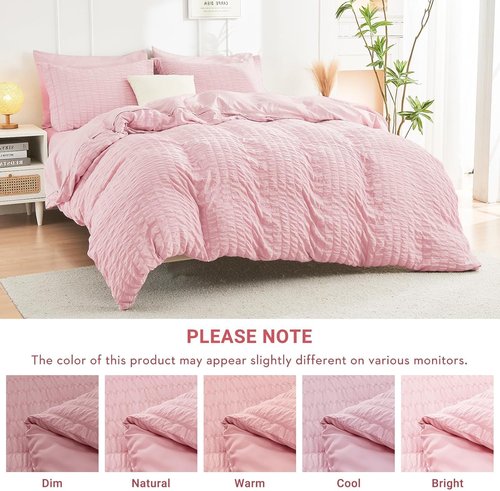 HYMOKEGE King Size Comforter Set - 7-Piece Luxury Bedding Set in Pink | All-Season Seersucker Design