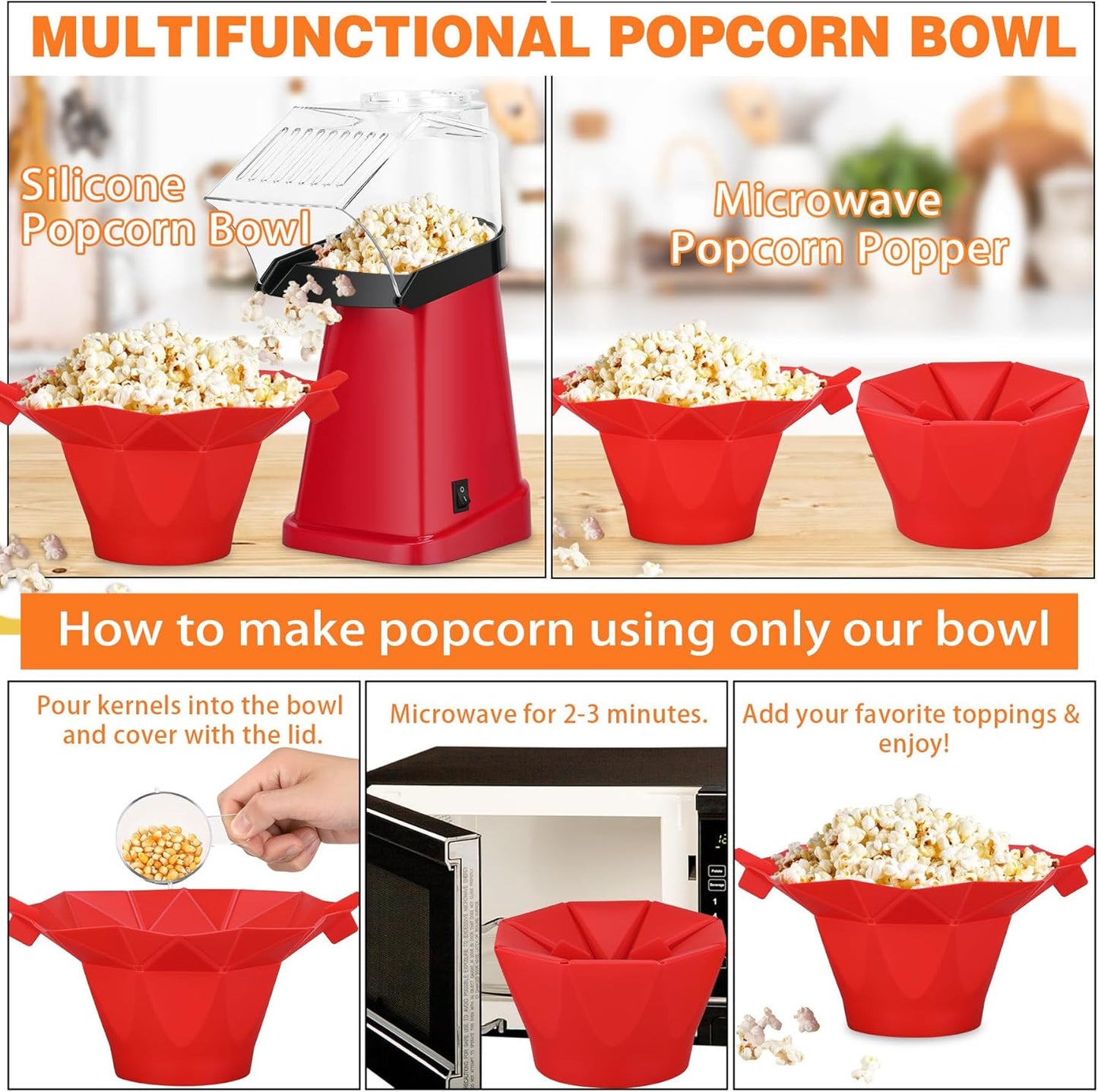 Skiennix Hot Air Popcorn Popper - Fast 1200W Machine with Bowl & Butter Tray for Kids Parties
