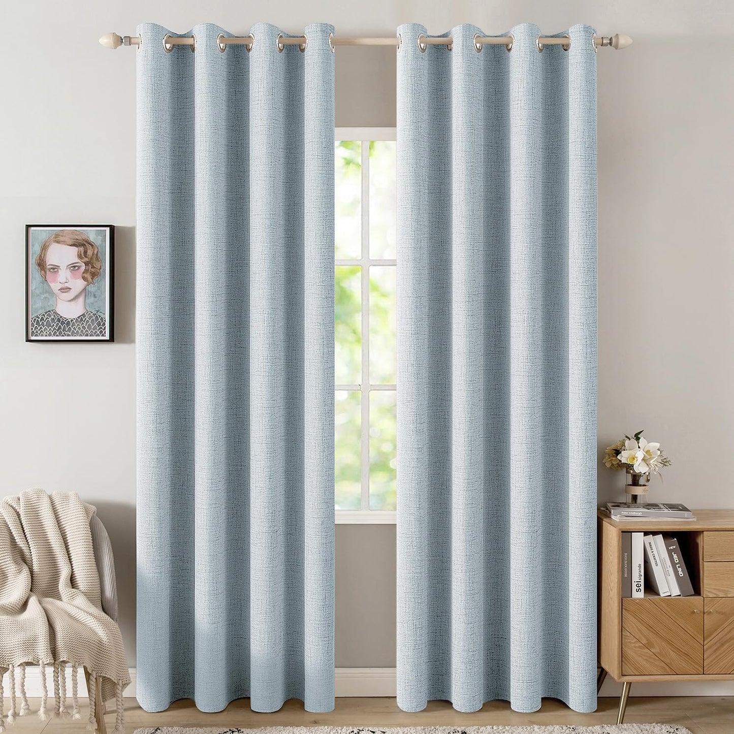 MIULEE 100% Blackout Curtains - Linen Textured Thermal Insulated Drapes in Chambray Blue | 52 x 108 Inch (2 Panels)