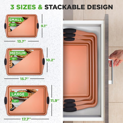 NutriChef Nonstick Carbon Steel Cookie Sheets - 3 Piece Bakeware Set with Black Silicone Handles