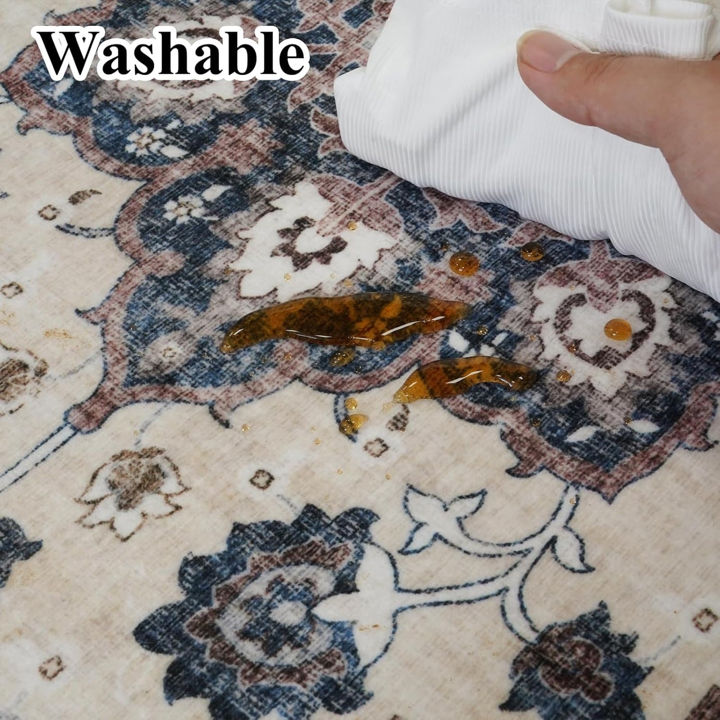Skiennix Washable 3x12 Hallway Runner Rug - Non-Slip Floral Design | Stain Resistant Low Pile Mat (Blue)
