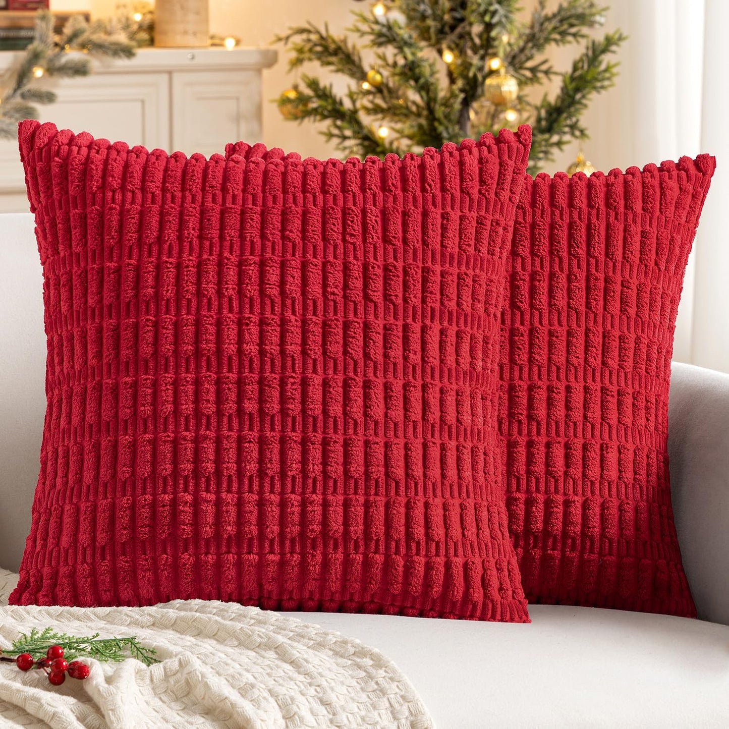MIULEE Decorative Pillow Covers - Pack of 2 Red Corduroy 16x16 Inch Soft Boho Striped Design for Modern Farmhouse Decor