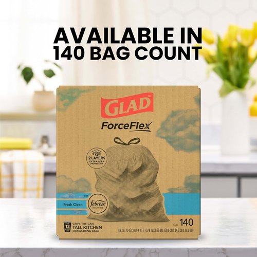 Glad ForceFlex Tall Kitchen Trash Bags - 13 Gallon, Fresh Clean Scent | 140 Count (Pack of 2)