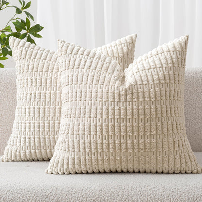 MIULEE Corduroy Throw Pillow Covers - Soft Boho Striped Design, 12x12 Inch, Cream White | Modern Farmhouse Decor