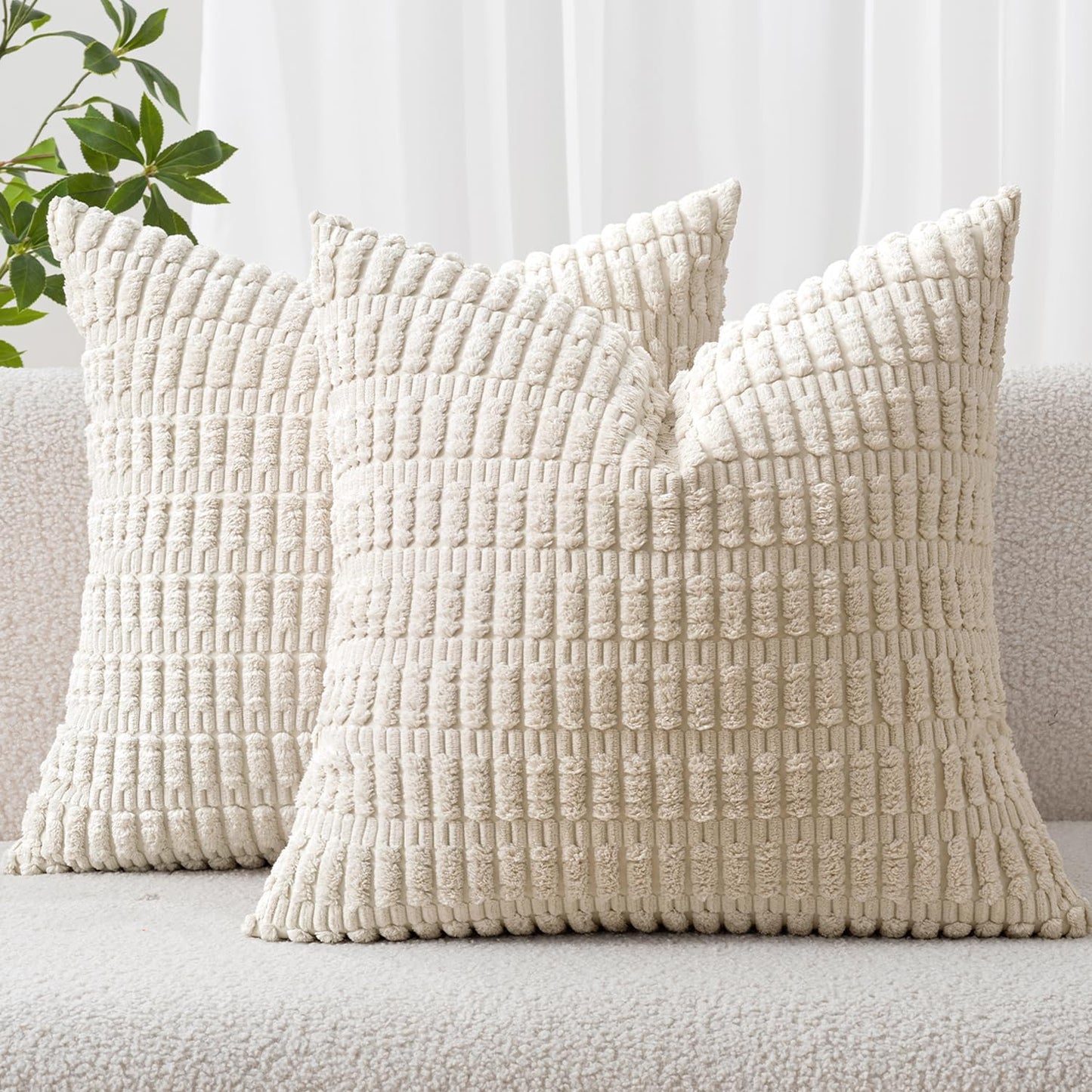 MIULEE Corduroy Throw Pillow Covers - Soft Boho Striped Design | 12x12 Inch Cream White Decor for Sofa & Bed