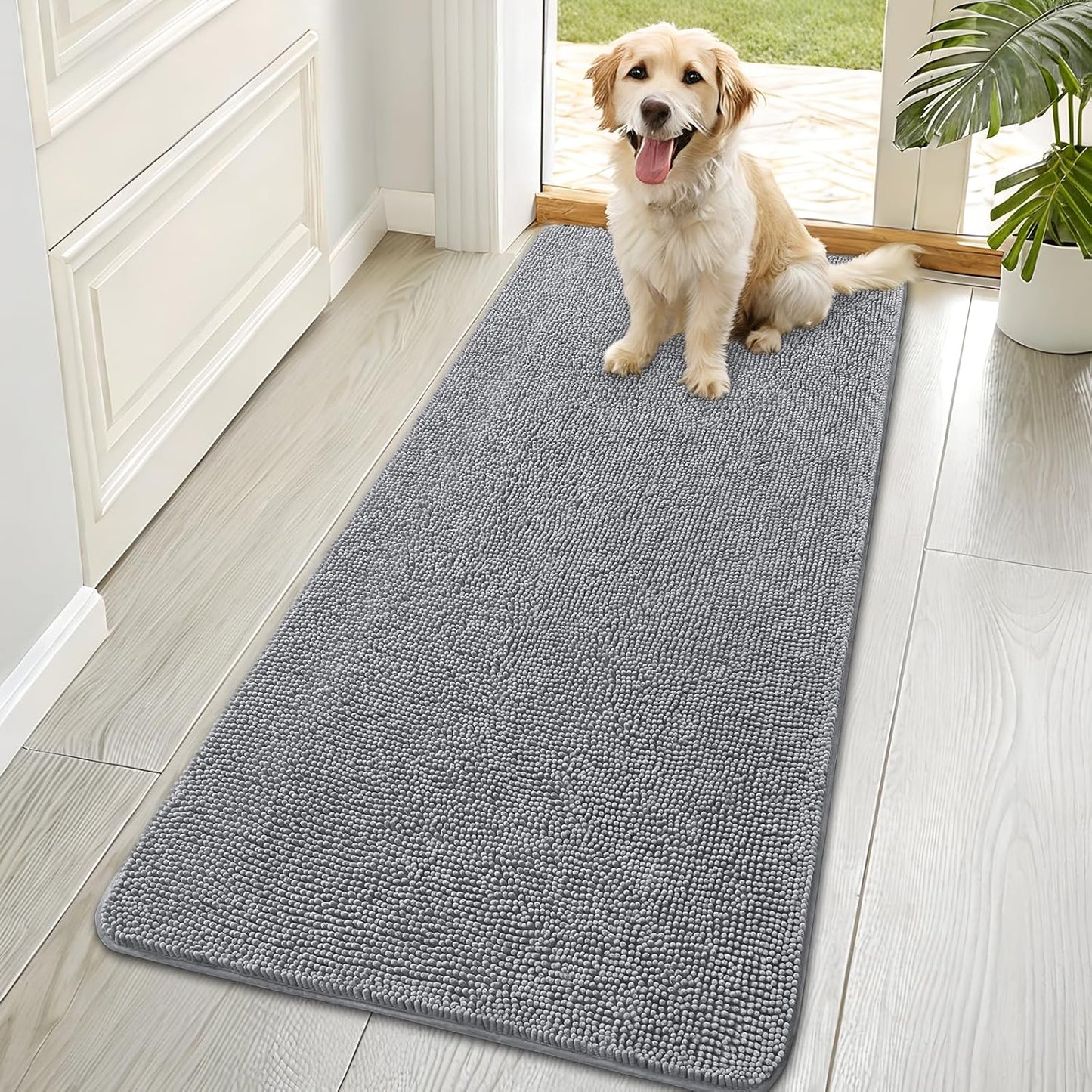OLANLY Dog Door Mat - Absorbent Non-Slip Chenille for Muddy Paws | Quick Dry 70x35 Grey Indoor Carpet