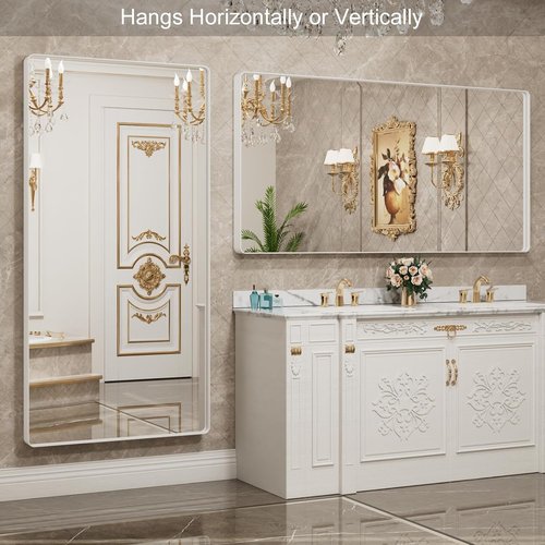LOAAO Large Rounded Rectangle Bathroom Mirror - 72x36 Inch White Metal Frame, Anti-Rust Tempered Glass | Versatile Horizontal/Vertical Hanging