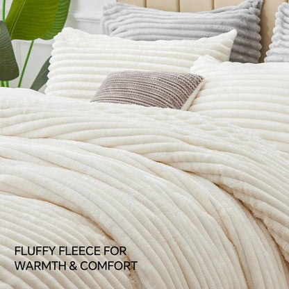 BEDELITE Fleece Queen Comforter Set -Super Soft & Warm Fluffy Cream White Bedding, Luxury Fuzzy Heavy Bed Set for Winter with 2 Pillow Cases