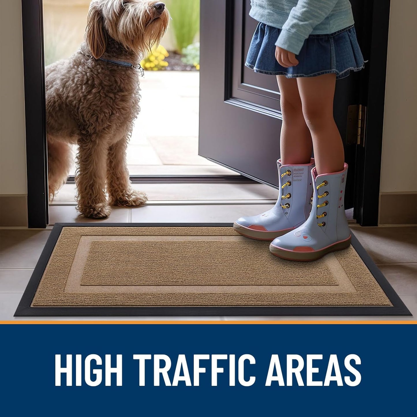 OLANLY Waterproof Front Door Mat - All-Season Natural Rubber Doormat | Easy Clean, 47x23, Light Brown