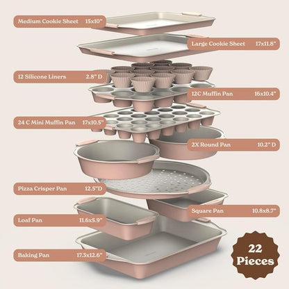 Country Kitchen Nonstick Bakeware Set - Durable 22-Piece Baking Set with Silicone Muffin Cups