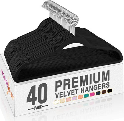 HOUSE DAY Black Velvet Hangers - 40 Pack Non-Slip Heavy Duty Felt Hangers for Space-Saving Closet Organization | 360° Rotating Silver Hook
