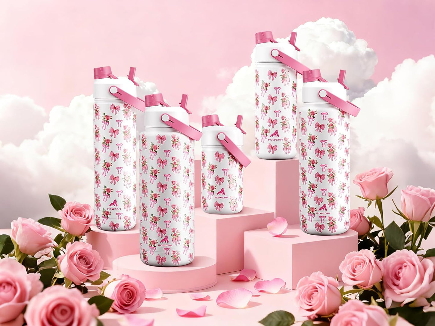 POWCAN 40 Oz Insulated Water Bottle - 2-in-1 Straw & Spout Lid | Keeps Drinks Cold 24H, BPA-Free (Rosy Bouquet)