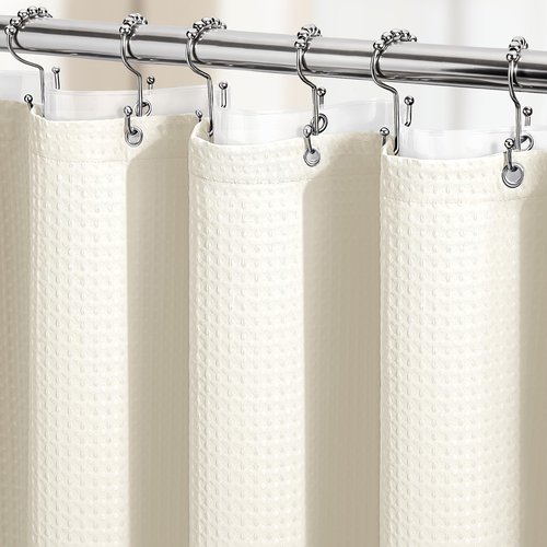 Dynamene Ivory Shower Curtain and Liner Set, Waffle Weave Fabric, Waterproof Clear Liner, 256GSM Heavy Duty Weighted Hotel Luxury Cloth Shower Curtains for Bathroom with 12 Plastic Hooks, 72Wx72H