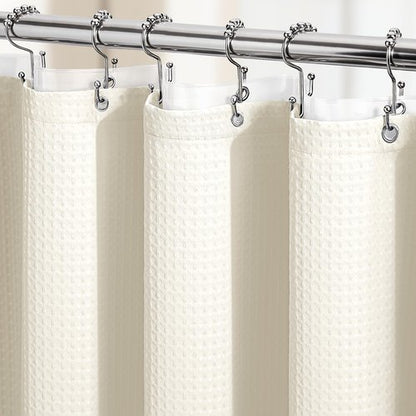 Dynamene Ivory Shower Curtain and Liner Set, Waffle Weave Fabric, Waterproof Clear Liner, 256GSM Heavy Duty Weighted Hotel Luxury Cloth Shower Curtains for Bathroom with 12 Plastic Hooks, 72Wx72H
