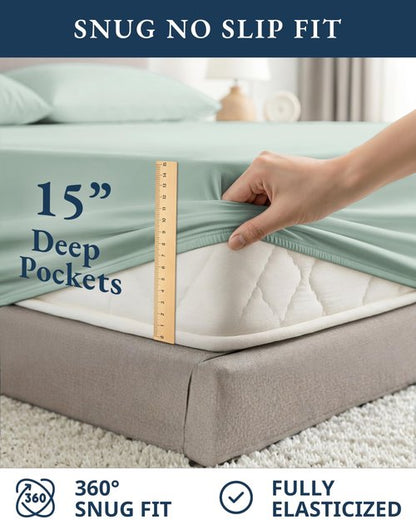 LANE LINEN 100% Organic Cotton Queen Sheets, Fully Elasticized Soft & Comfy Classic Percale Weave, Low Pill Fade Resistant Machine Washable Sheet & Pillowcase Sets, 15" Deep Pocket- Cool Blue