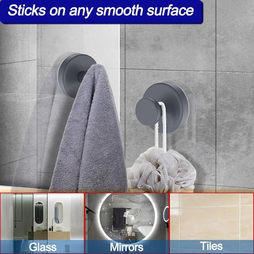 Bntuk Suction Cup Hooks - Removable Towel Hooks for Shower & Bathroom | 4 Pack, Grey