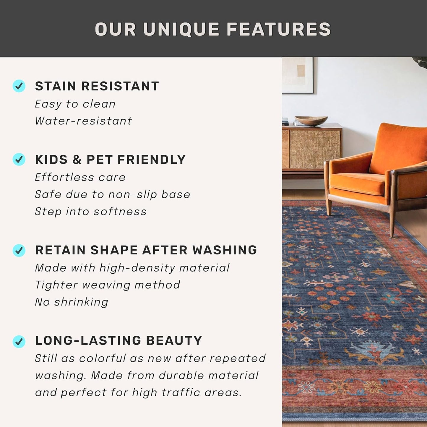 Regine Switzerland Washable 10 ft Long Hallway Runner Rug - Navy Blue, Pet-Friendly & Non-Slip Design