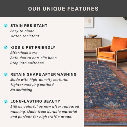 Hazo Haus Navy Blue Runner Rug 2x7 for Kitchen, Hallway, Mudroom, Laundry Room, Bathroom, Washable Non Slip Non Skid Rubber Backing Low Pile Stain Resistance