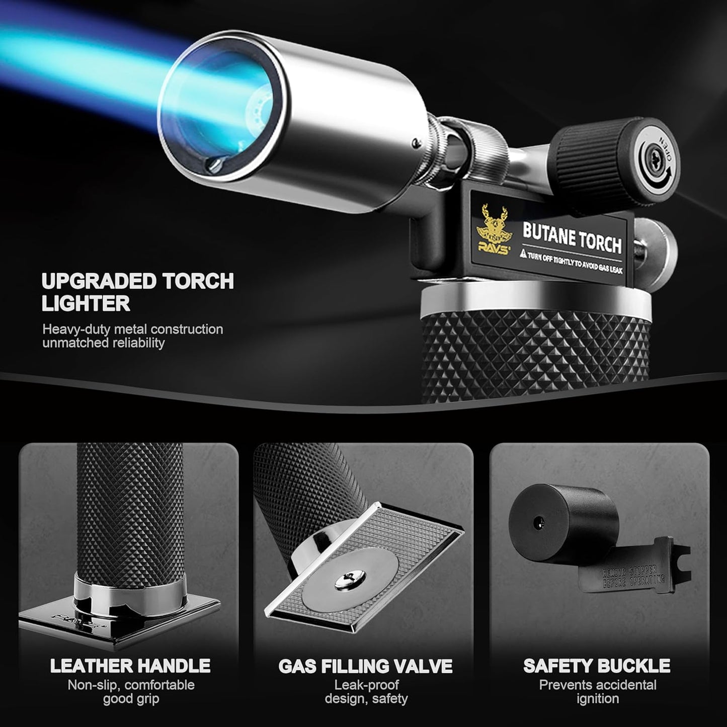 RAVS Butane Torch Lighter - Premium Metal Kitchen Torch with Adjustable Flame & Safety Buckle | Black