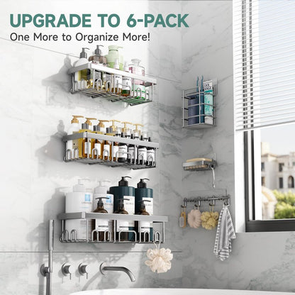 Veken Shower Caddy 6-Pack, Advanced Rustproof Design, No Drilling Adhesive Shelves, Rack with Soap Holder, Large Capacity Bathroom Organizers and Storage, Wall-Mounted Kitchen & Home Decor, Silver
