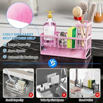 Cisily Pink Kitchen Sink Caddy Organizer - Rustproof 304 Stainless Steel with Brush & Sponge Holder