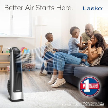 Lasko High Velocity Oscillating Tower Fan - Remote Control, Timer & 3 Speeds | 35" Silver/Black