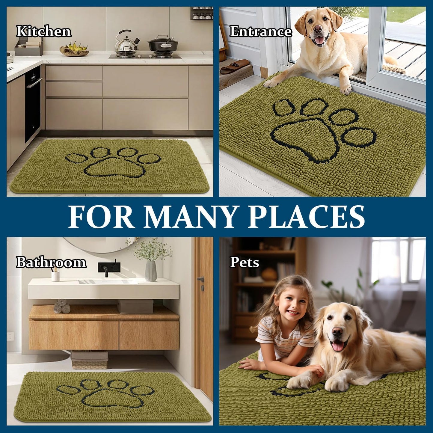 OLANLY Dog Door Mat - Muddy Paws Absorbent Chenille Doormat | Non-Slip, Quick Dry, 30x20, Willow Green
