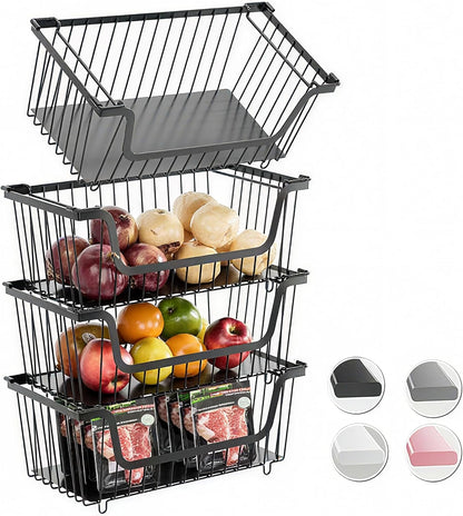 Skiennix Stackable Wire Baskets - Versatile Kitchen Storage for Fruits & Vegetables | Black, Set of 4