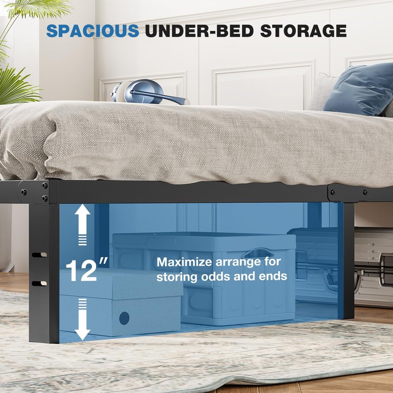 OLIXIS Metal Twin Bed Frame - 14in High with Storage Space, No Box Spring Needed with Sturdy Steel Slat Support, 800LBS Heavy Duty for Easy Assembly, Black for Bedroom