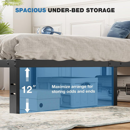 OLIXIS Metal Twin Bed Frame - 14in High with Storage Space, No Box Spring Needed with Sturdy Steel Slat Support, 800LBS Heavy Duty for Easy Assembly, Black for Bedroom
