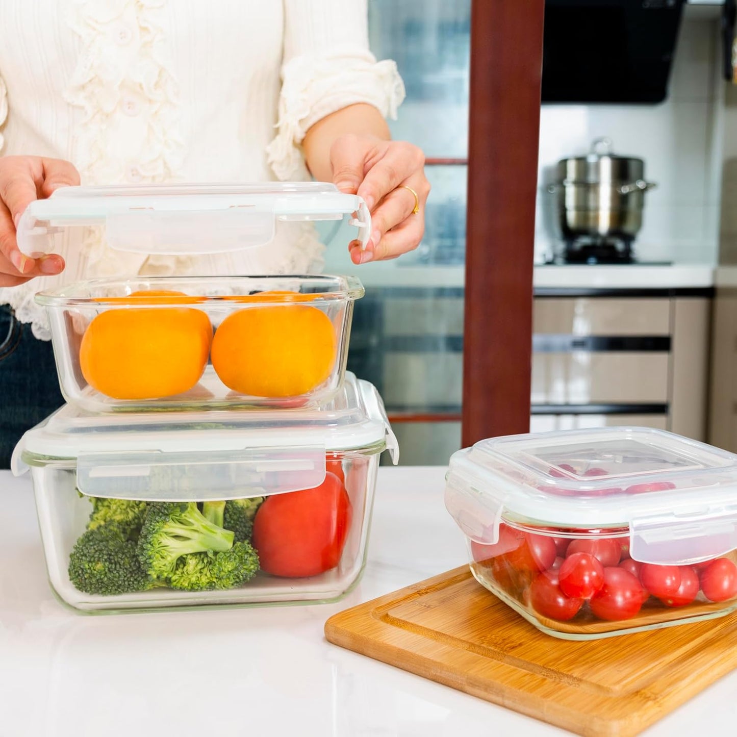 Razab Glass Food Storage Containers Set - 6 PC Airtight Lids, 74/40/18 oz | Reusable Meal Prep, Oven & Dishwasher Safe