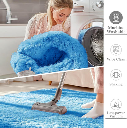 OLANLY Machine Washable 2x6 Runner Rug - Soft Fluffy Shaggy Design for Bedroom & Hallway | Bright Blue Decor