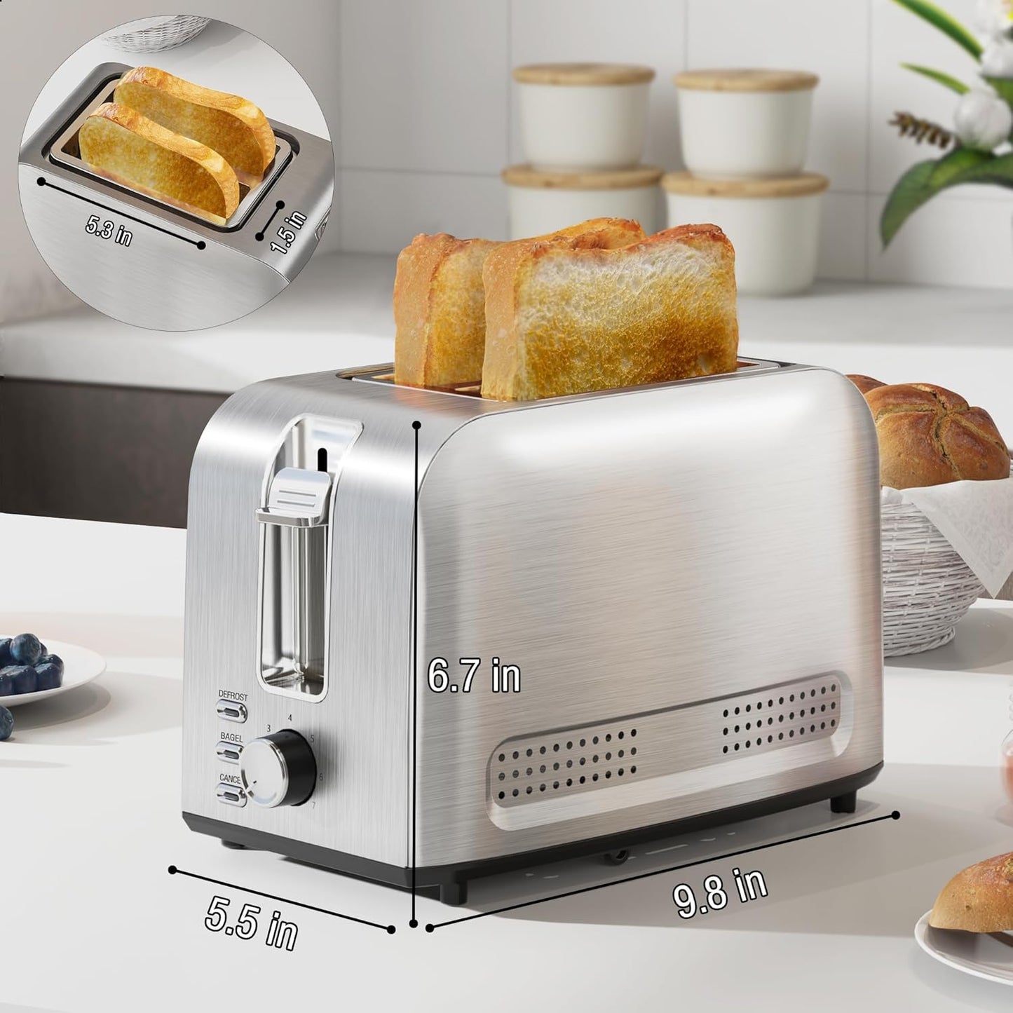 Runnatal 2-Slice Stainless Steel Toaster - Multifunctional with 7 Settings, Defrost & Bagel Functions | Easy to Clean, Silver