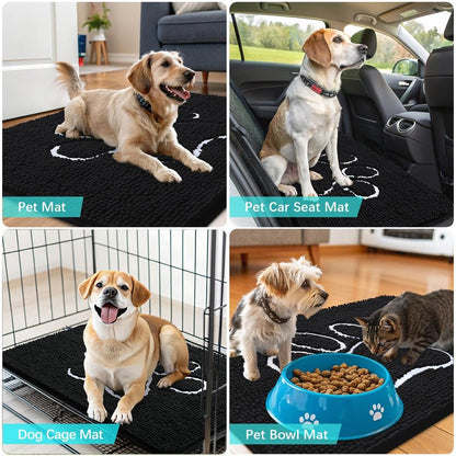 OLANLY Dog Door Mat for Muddy Paws 47x20, Paw Print Design, Absorbs Moisture and Dirt, Absorbent Non-Slip Washable Doormat, Quick Dry Chenille Mud Mat for Dogs, Entry Indoor Entryway Carpet, Black
